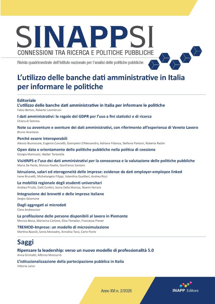 Sinappsi Rivista INAPP 2/2026 dedicata a L’utilizzo delle banche dati amministrative in Italia per informare le politiche, a cura di Fabio Berton e Roberto Leombruni. Copertina.